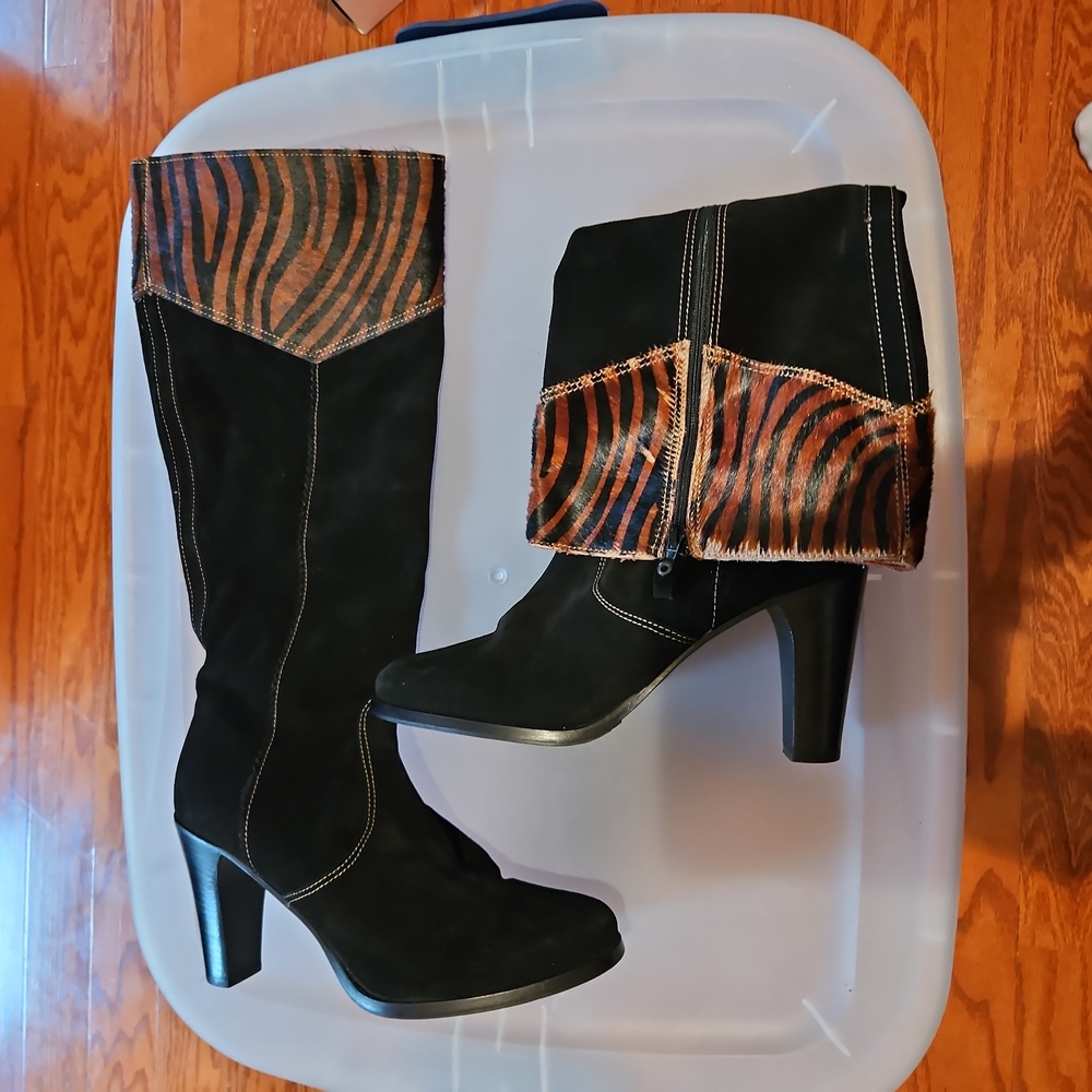 Black Tall boot with brown zebra print top